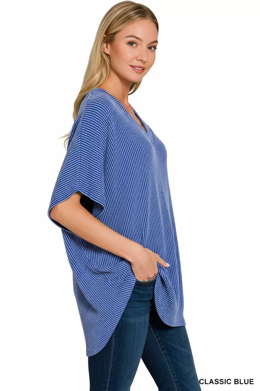 Zenana Raised Rib V-Neck Batwing Top