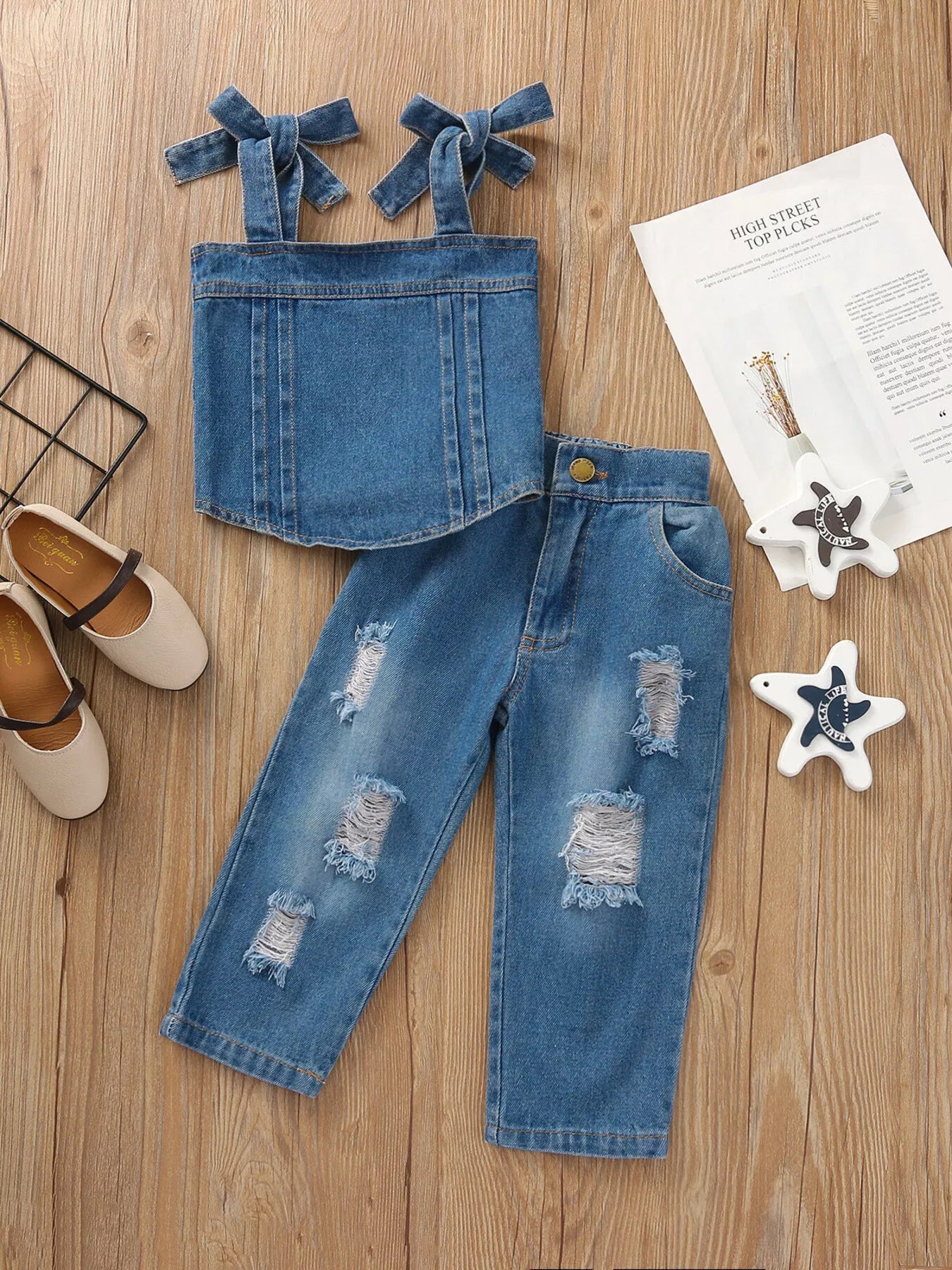 Children's Tie Shoulder Tank and Distressed Jeans Set