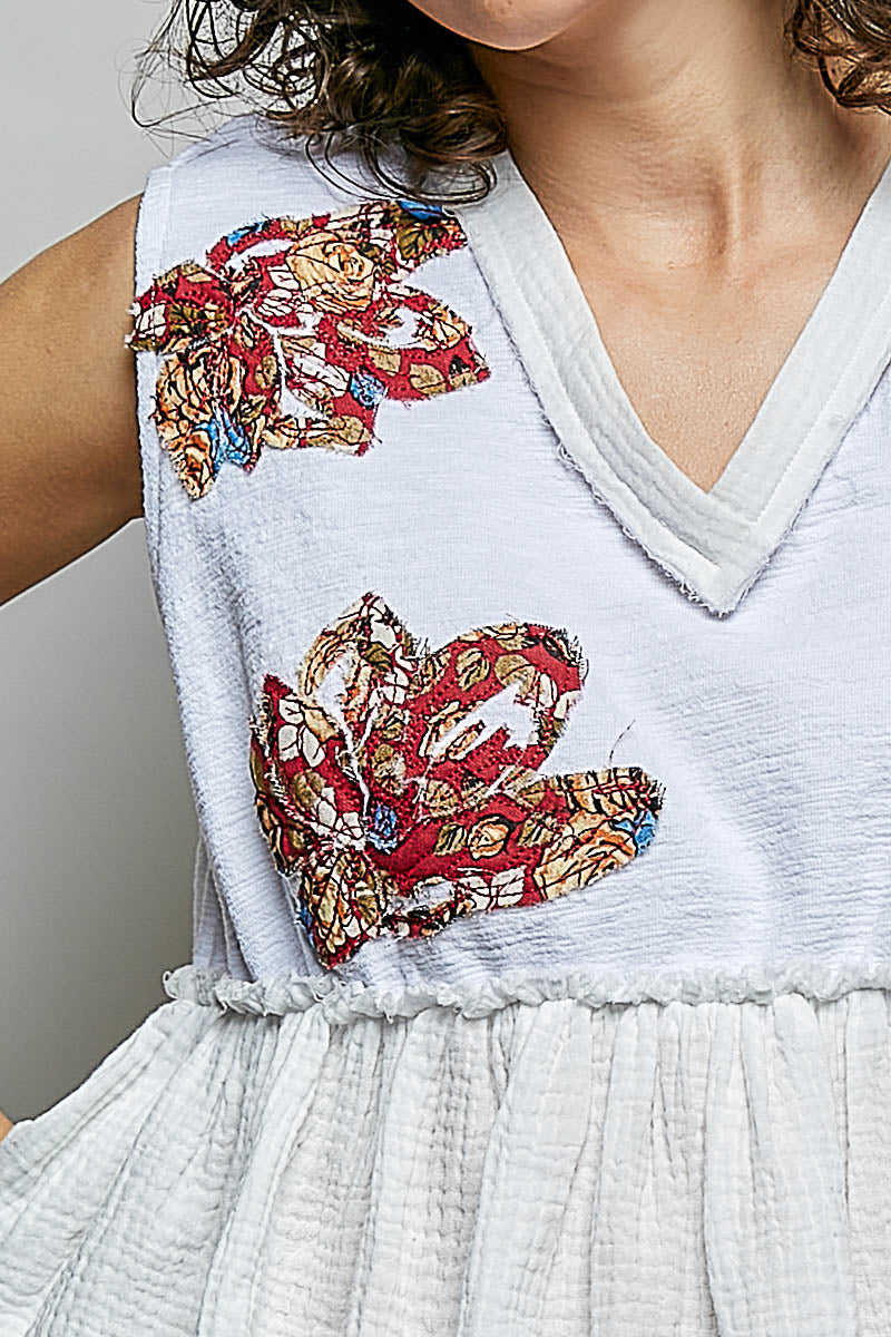 POL Floral Patch Ruffled Sleeveless Top with Raw Edge Detail