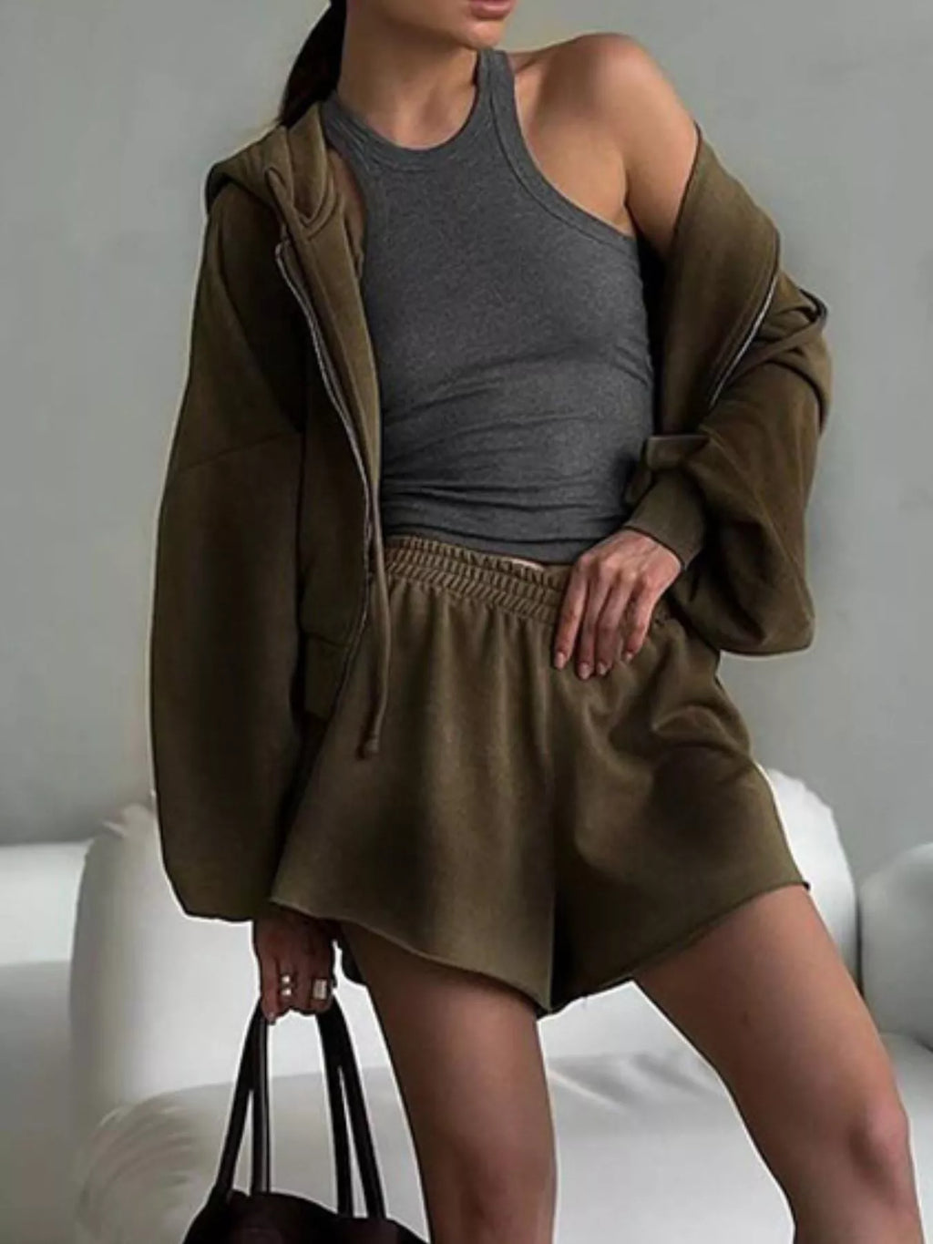 Zip Up Long Sleeve Outerwear and Shorts Set