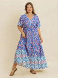 Plus Size Smocked Printed Half Sleeve Midi Dress