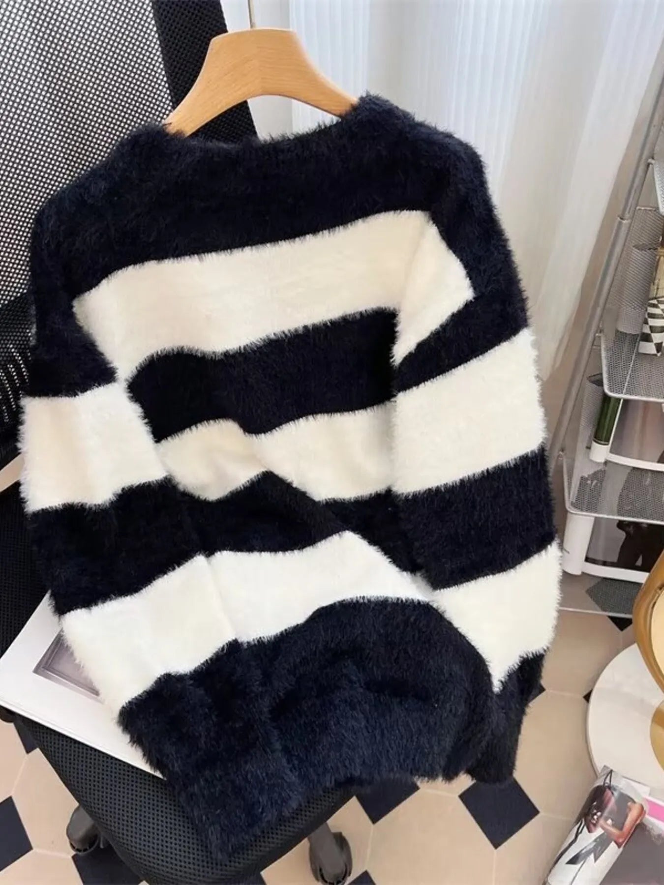 Men's Plus Size Striped Fuzzy Knit Pullover Sweater