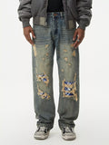 Men's Distressed Plaid Patch Wide Leg Jeans