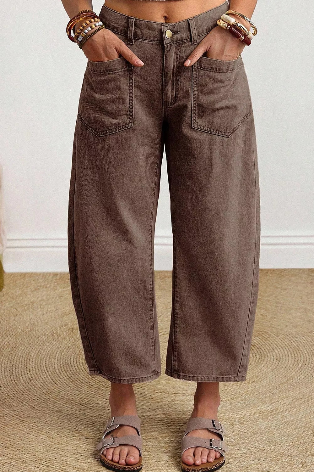 Solid Color Square Patch Pocket Ankle-length Barrel Jeans