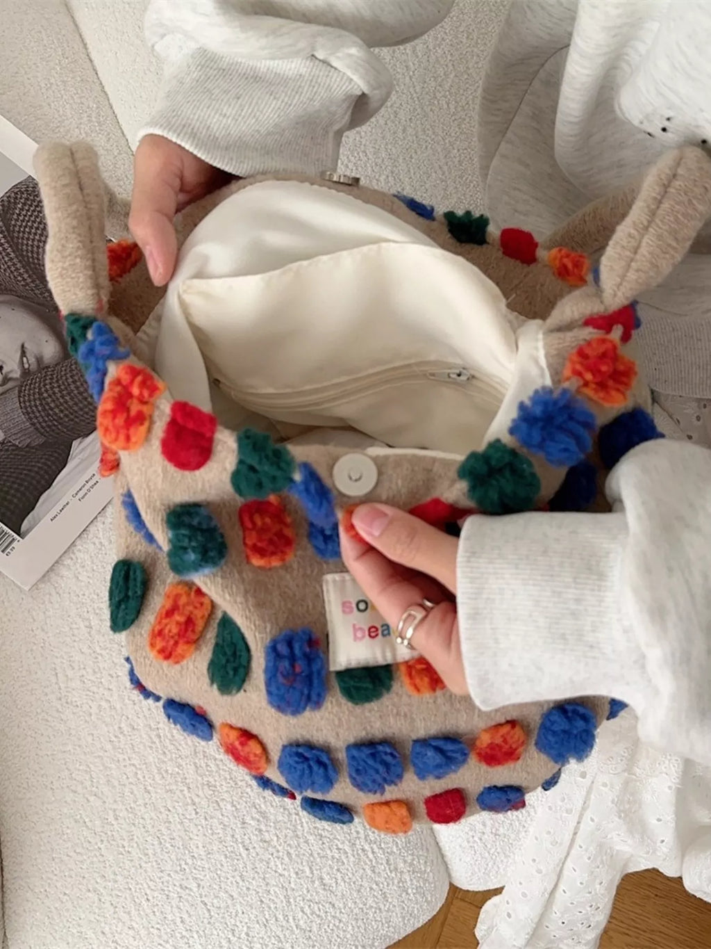 Colorful Pom-Pom Plush Crossbody Bag