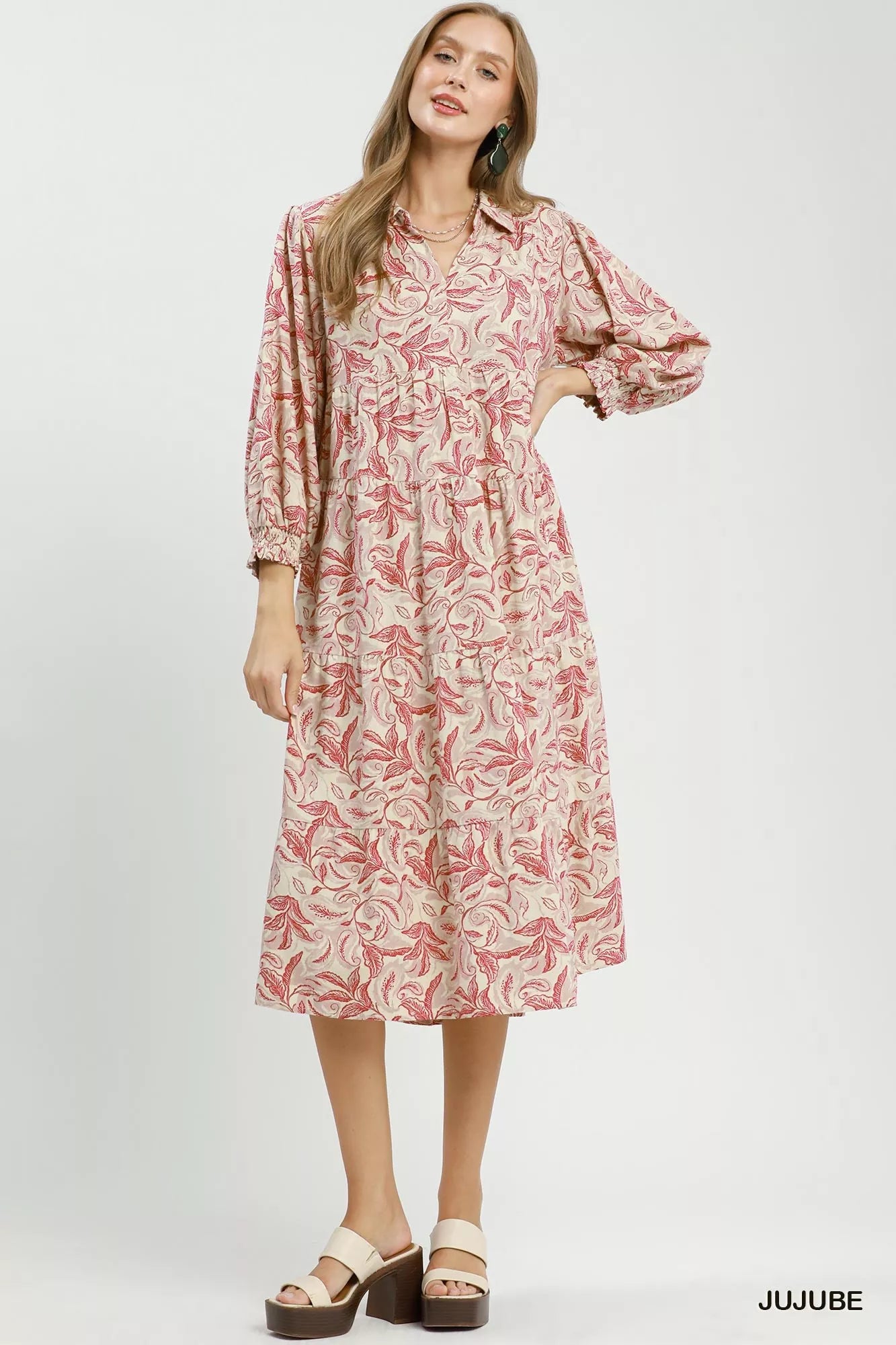 Umgee Linen Botanical Print Tiered Midi Dress