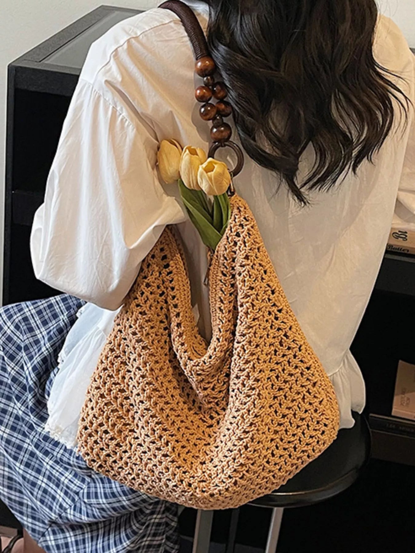 Knitted Shoulder Bag with Wooden Bead Handle