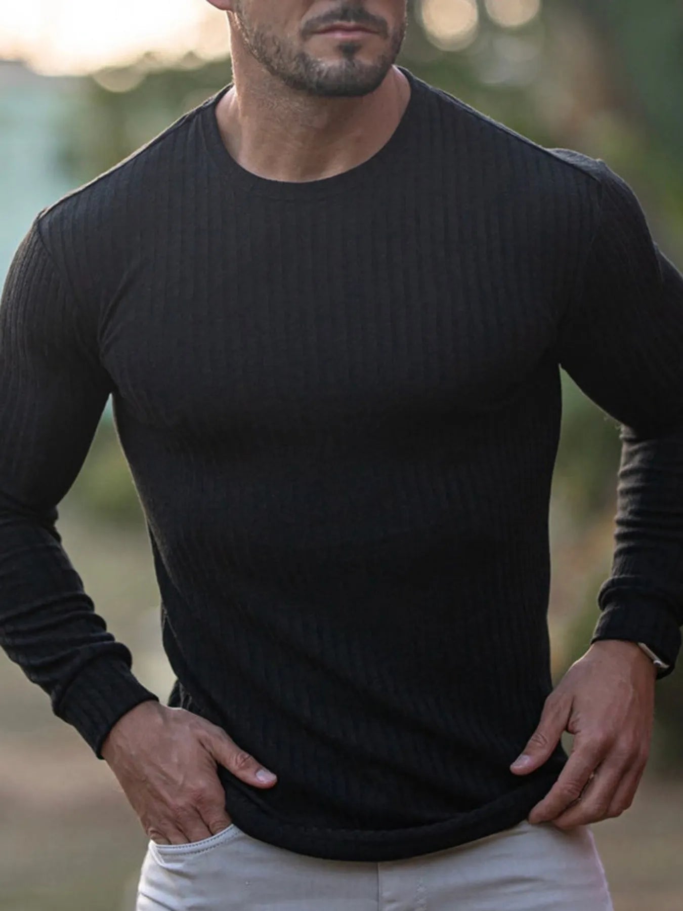 Men's Ribbed Round Neck Long Sleeve T-Shirt