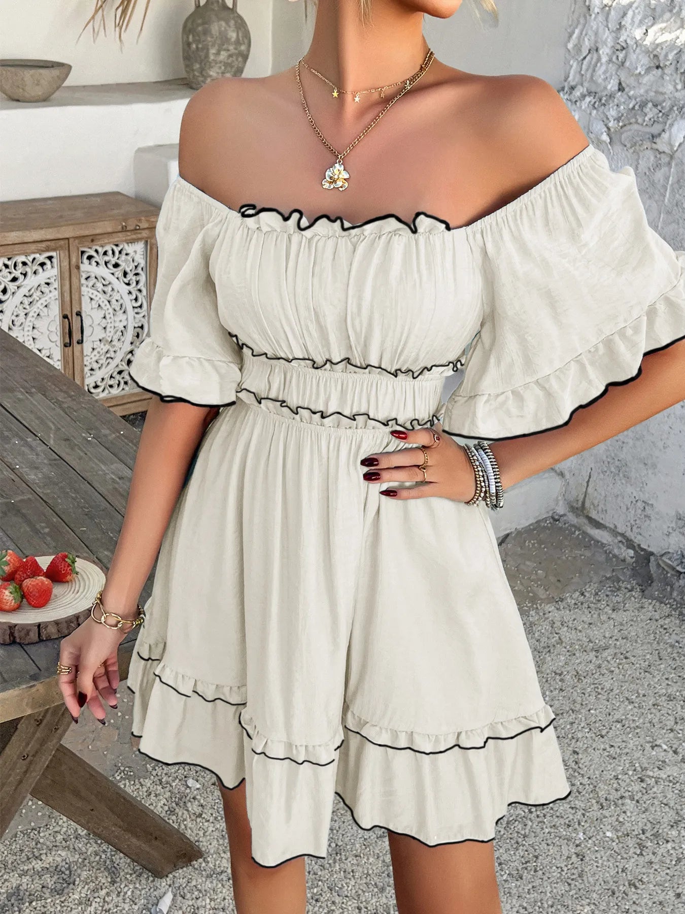 Square Neck Ruffle Trim Mini Dress
