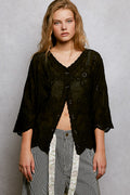 POL Floral Eyelet V-Neck Salloped Shirt