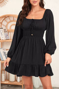 Solid Color Long Sleeve Shirred Drawstring Ruffle Mini Dress