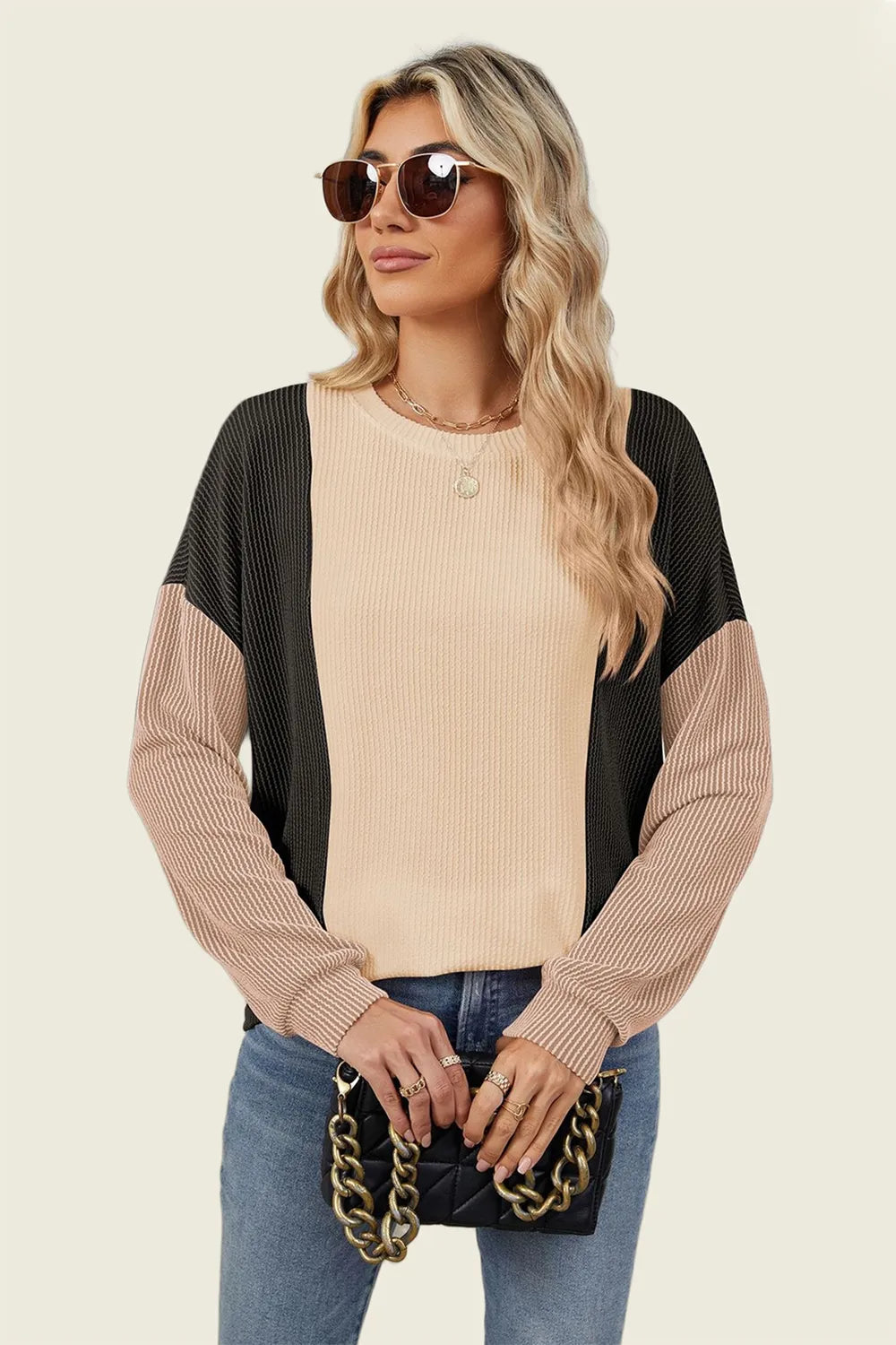Texture Contrast Round Neck Long Sleeve T-Shirt
