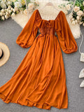 Ruffle Square Neck Balloon Sleeve A-Line Dress