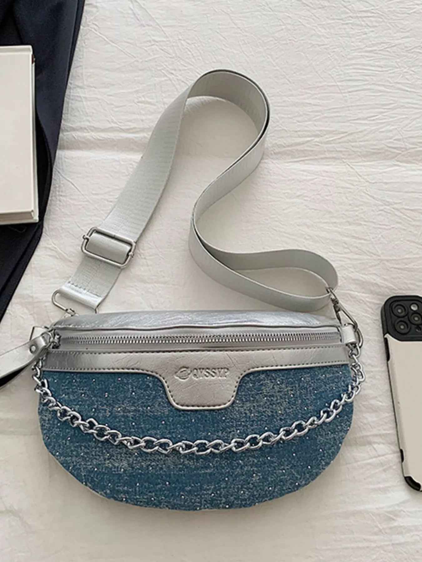 Denim Chain Accent Crossbody Bag