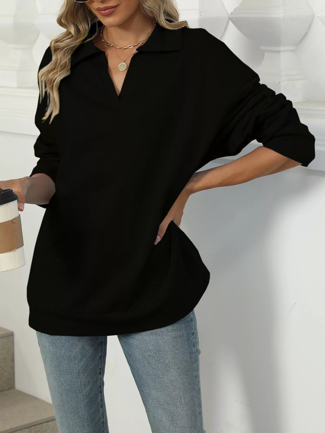 Johnny Collar Drop Shoulder Long Sleeve Sweatshirt