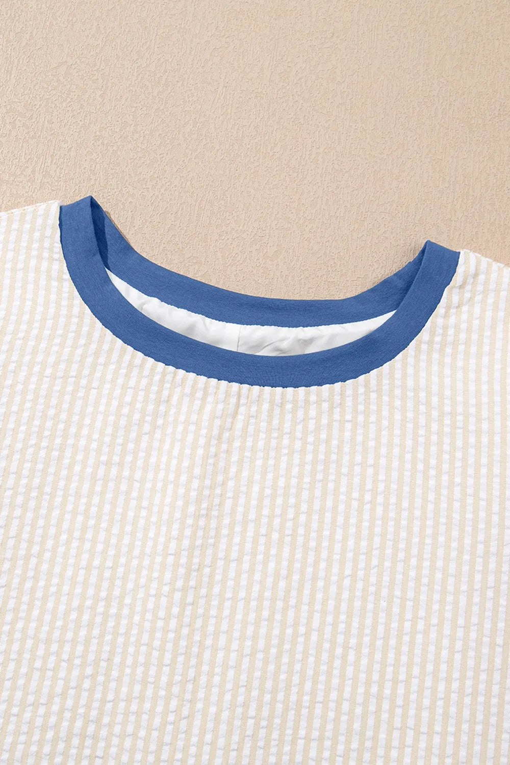 Stripe Seersucker Contrast Round Neck Puff Sleeve T Shirt Dress