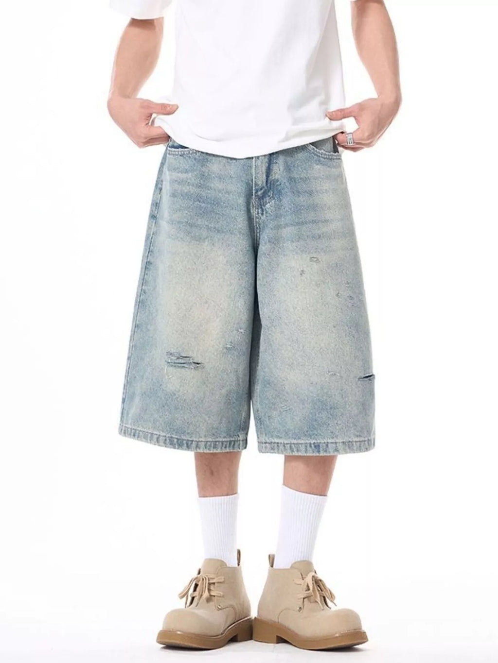 Men's Plus Size Distressed Washed Demin Shorts