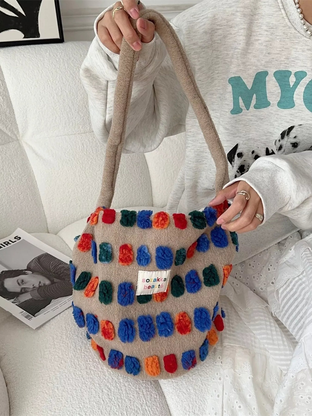 Colorful Pom-Pom Plush Crossbody Bag