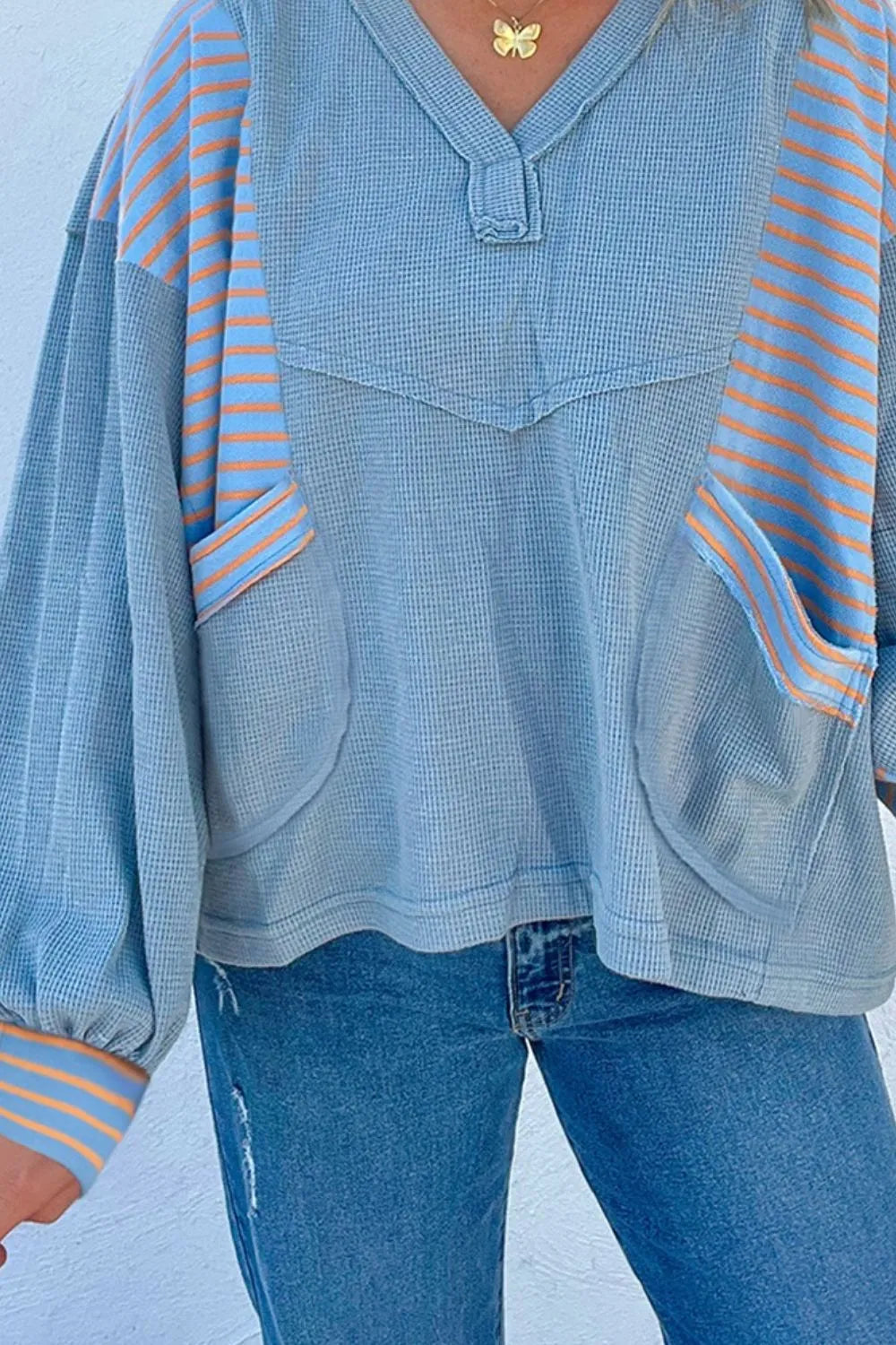 Striped Long Sleeve V-Neck Oversized Sweatshirt