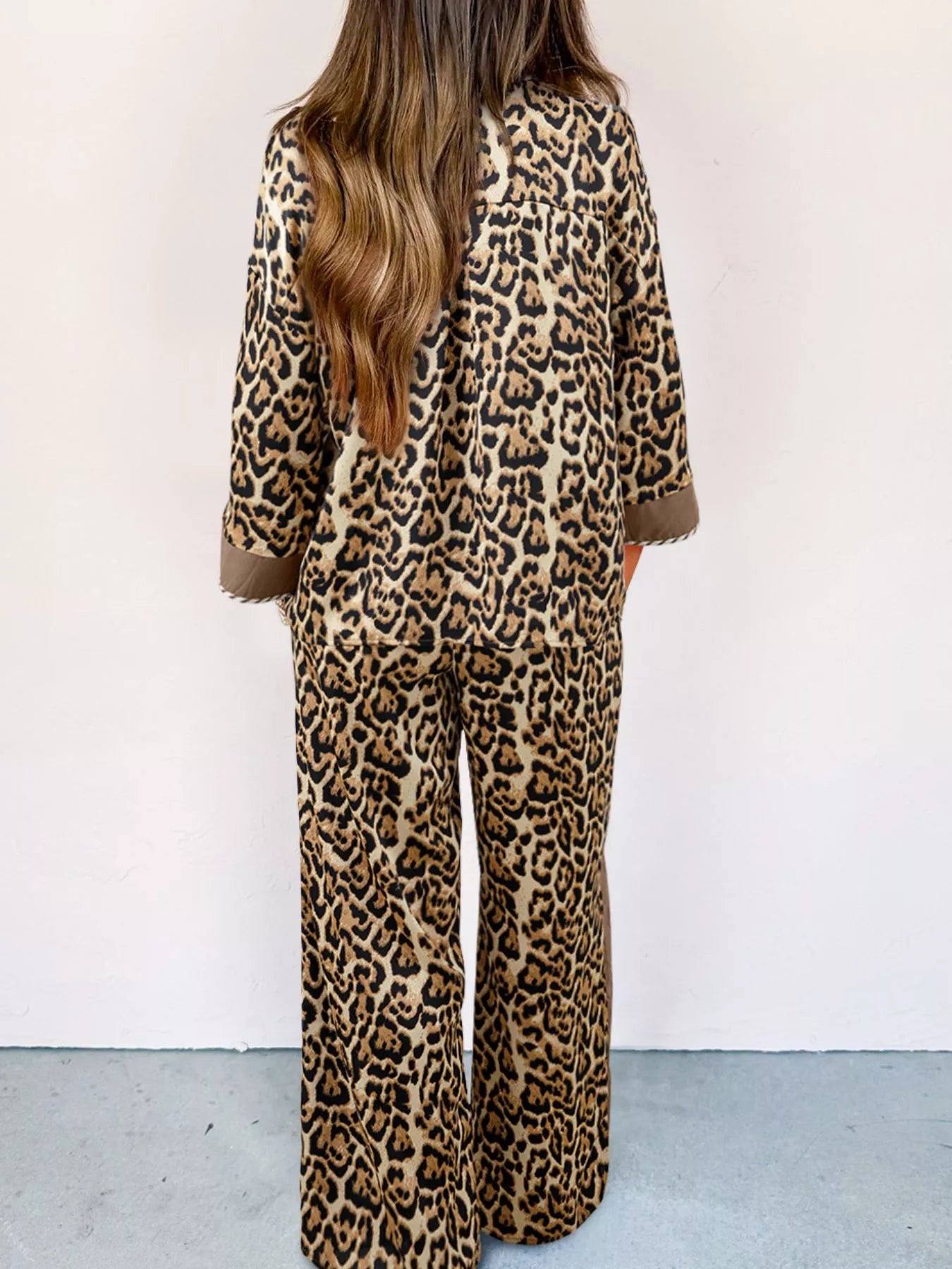 Leopard Collared 3/4 Sleeve Shirt and Loose Pants Two Piece Outfit Set