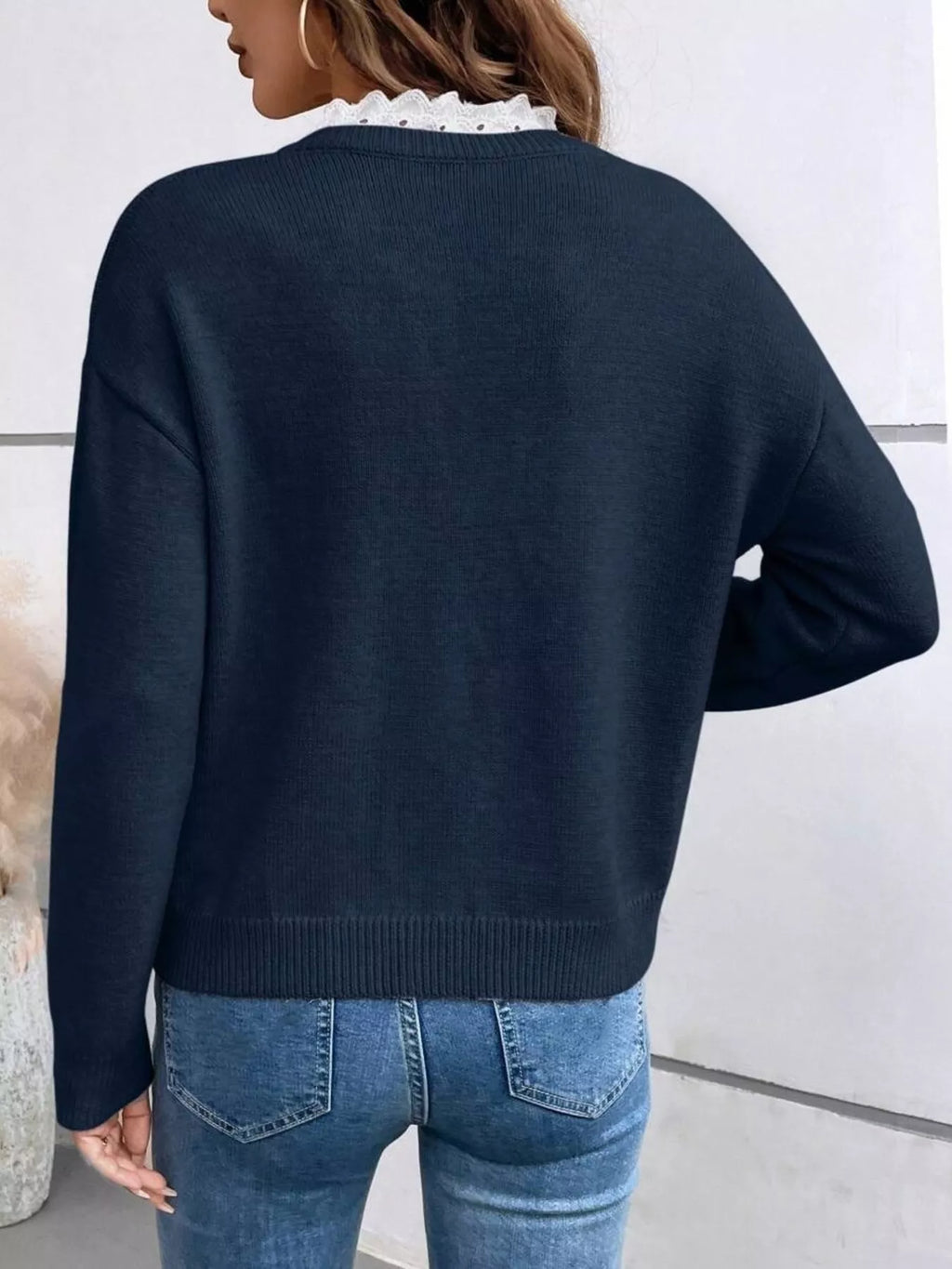 Lace Trim Notched Long Sleeve Sweater