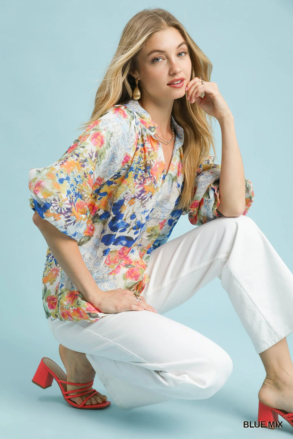 Umgee Watercolor Floral Blouse with Flounce Sleeve
