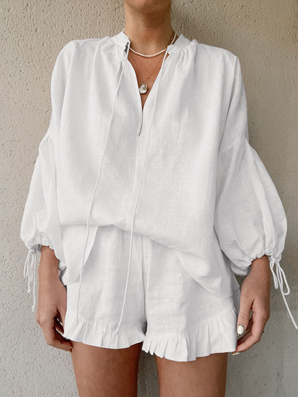 Tie Neck Balloon Sleeve Blouse and Shorts Set