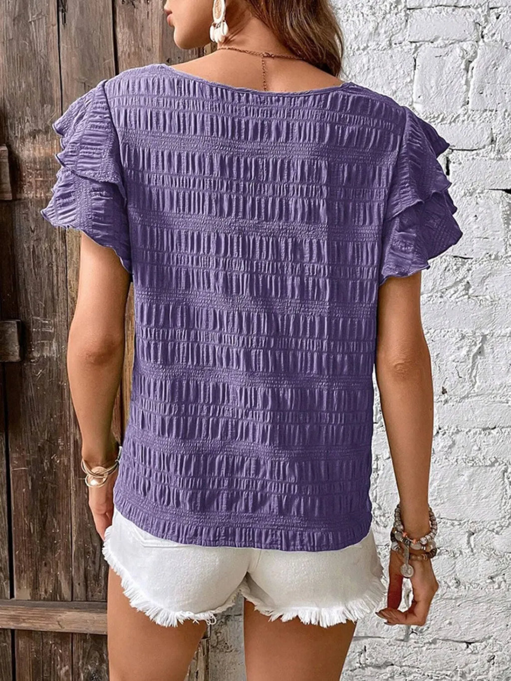 Round Neck Ruffled Short Sleeve Top