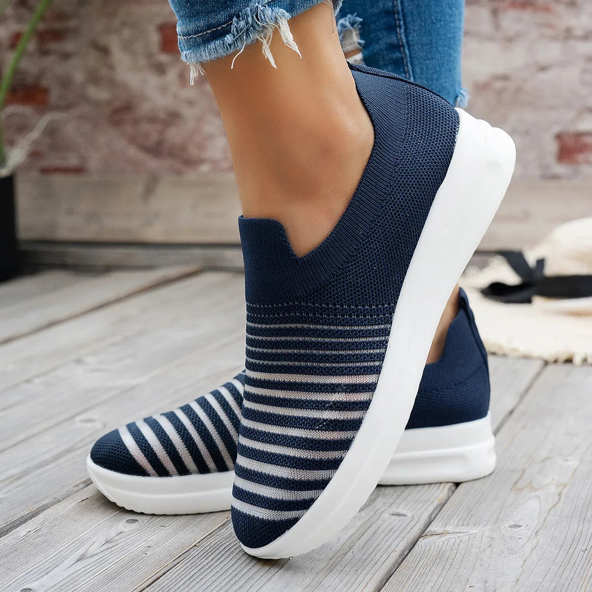 Striped Round Toe Platform Slip-Ons