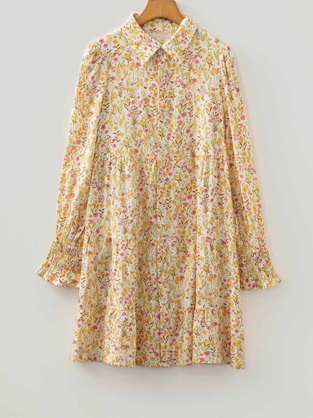 Floral Print Frilly Trim Smocked Cuff Long Sleeve Loose Shirt Dress