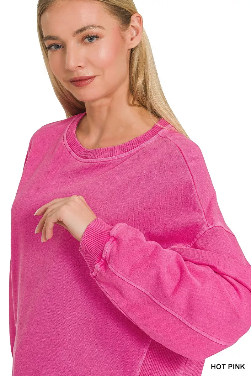 Zenana Full Size French Terry Pigment Dye & Enzyme Washing Pullover Plus Size