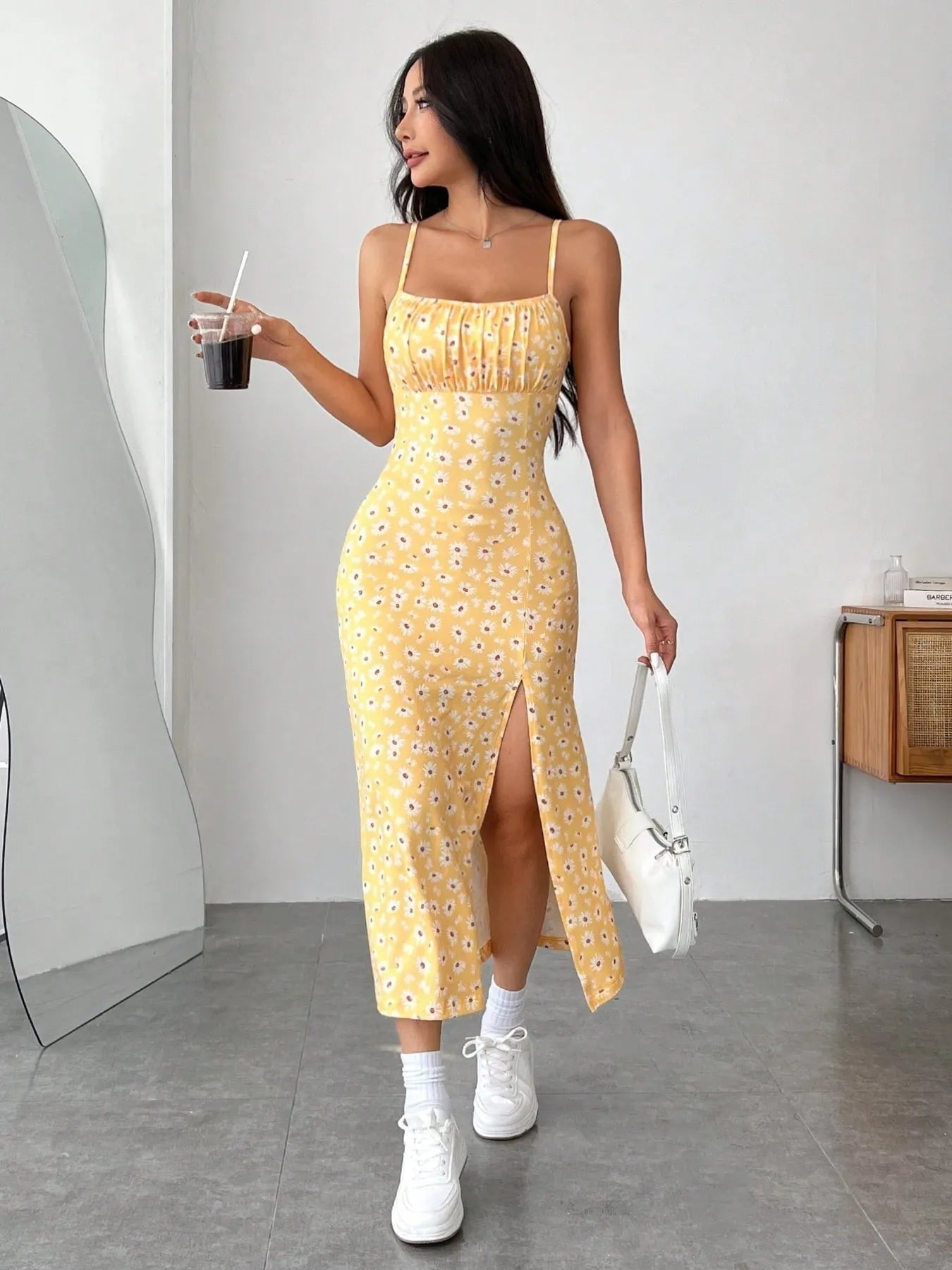 Daisy Print Cami Midi Dress with Slit