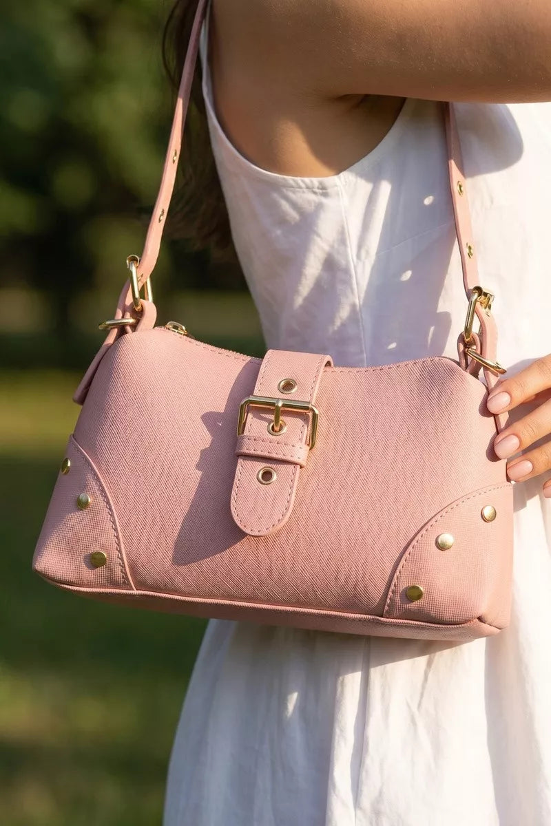 Fame Studded Saffiano Buckle Strap Shoulder Bag