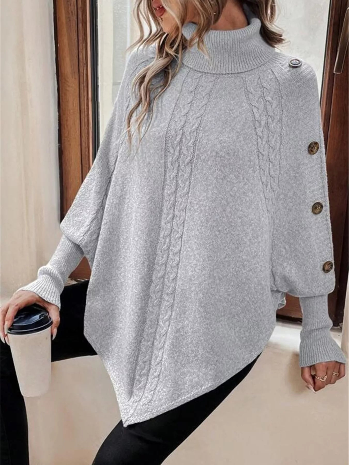 Cable Knit Turtleneck Cape Sweater