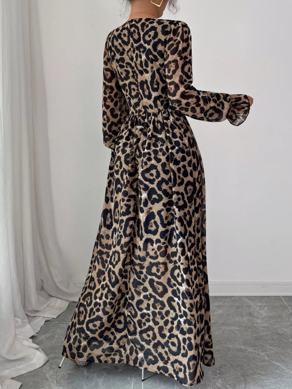 Leopard Sweetheart Neck Flounce Sleeve Maxi Dress