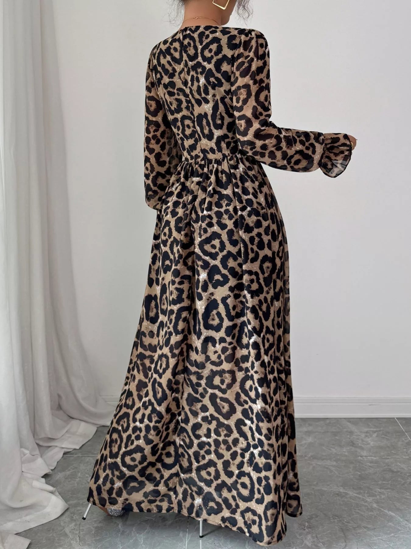 Leopard Sweetheart Neck Flounce Sleeve Maxi Dress