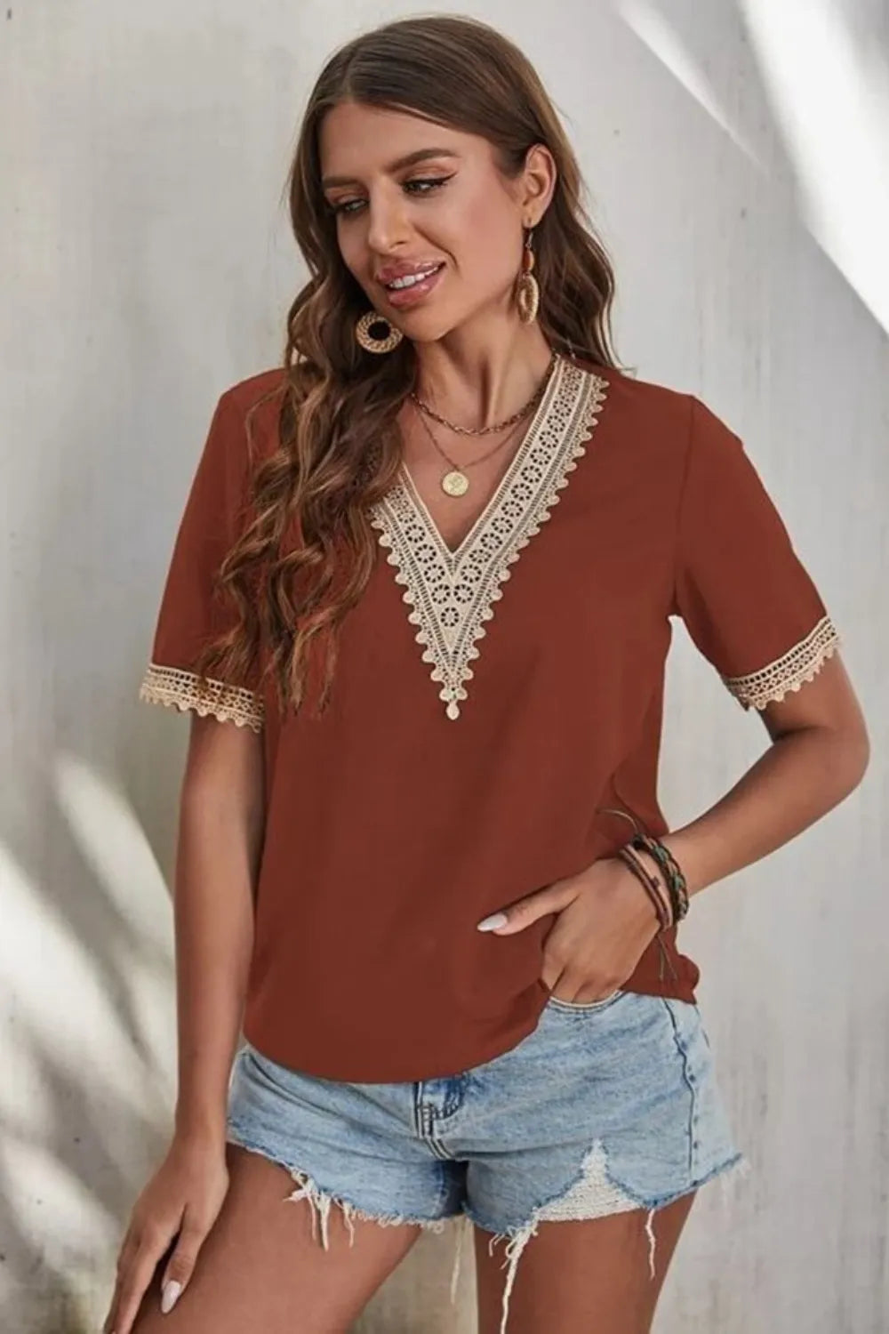Full Size Lace Detail V-Neck Short Sleeve Blouse Plus Size