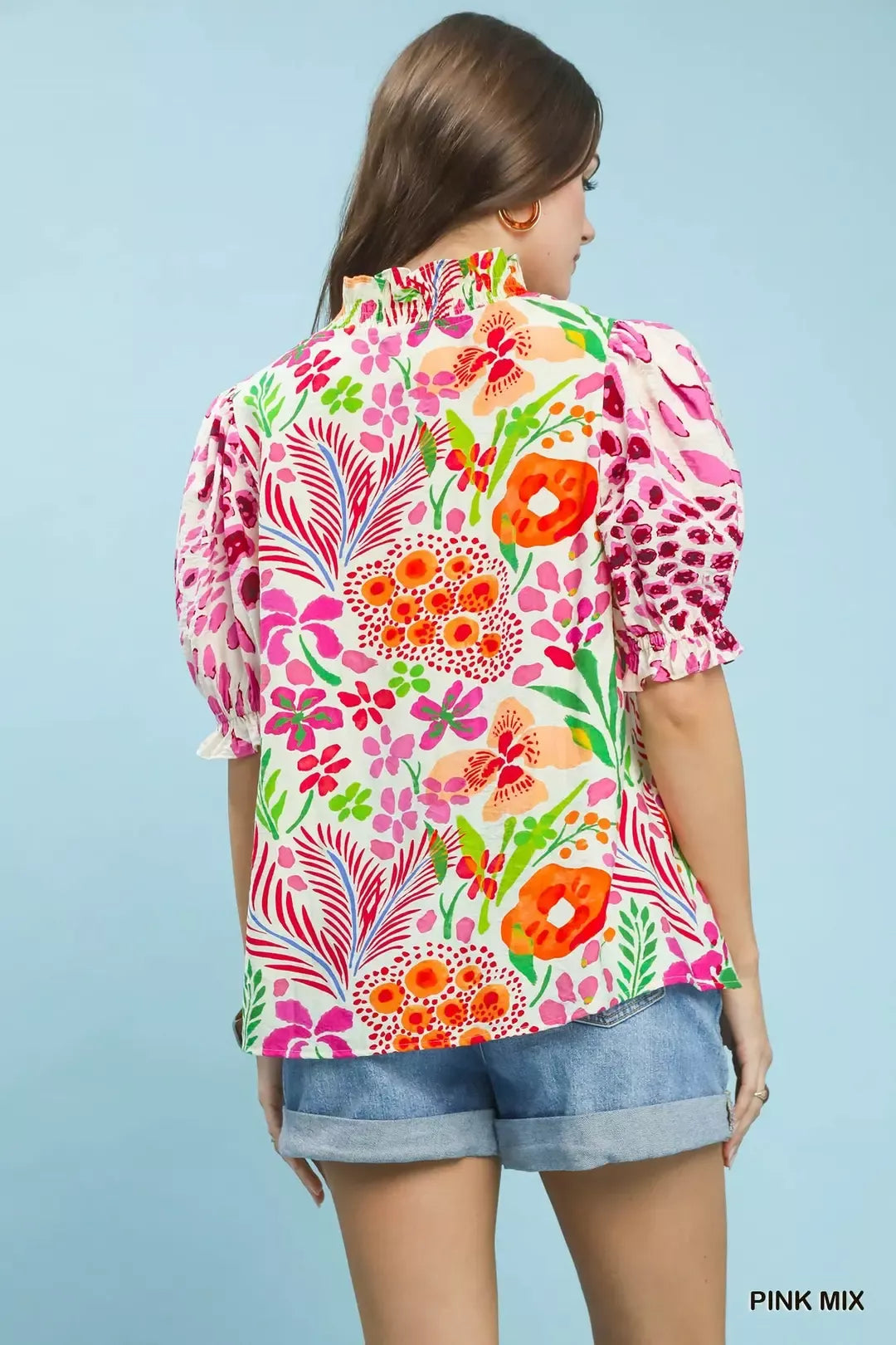 Umgee V-Neck Ruffle Trim Puff Sleeve Top