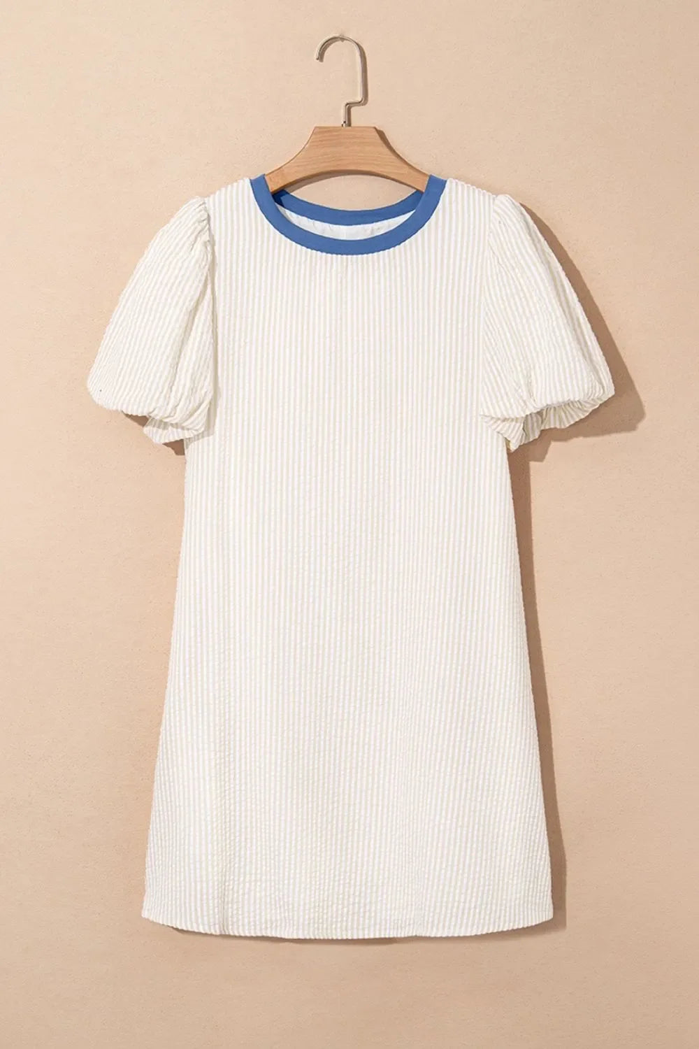 Stripe Seersucker Contrast Round Neck Puff Sleeve T Shirt Dress