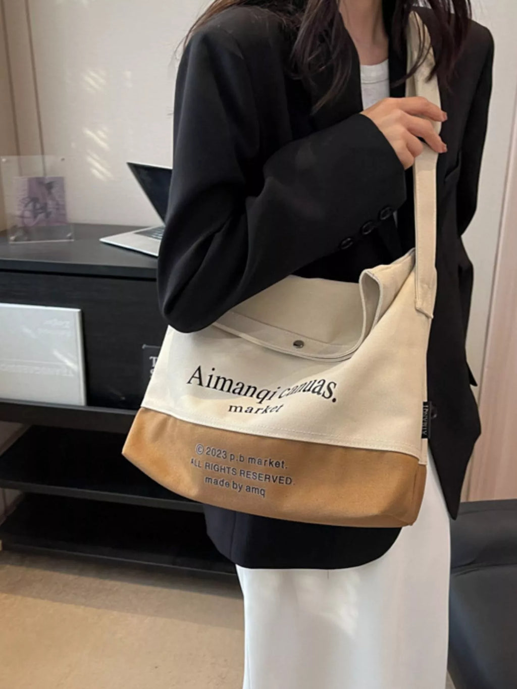 Color Block Canvas Shoulder Bag