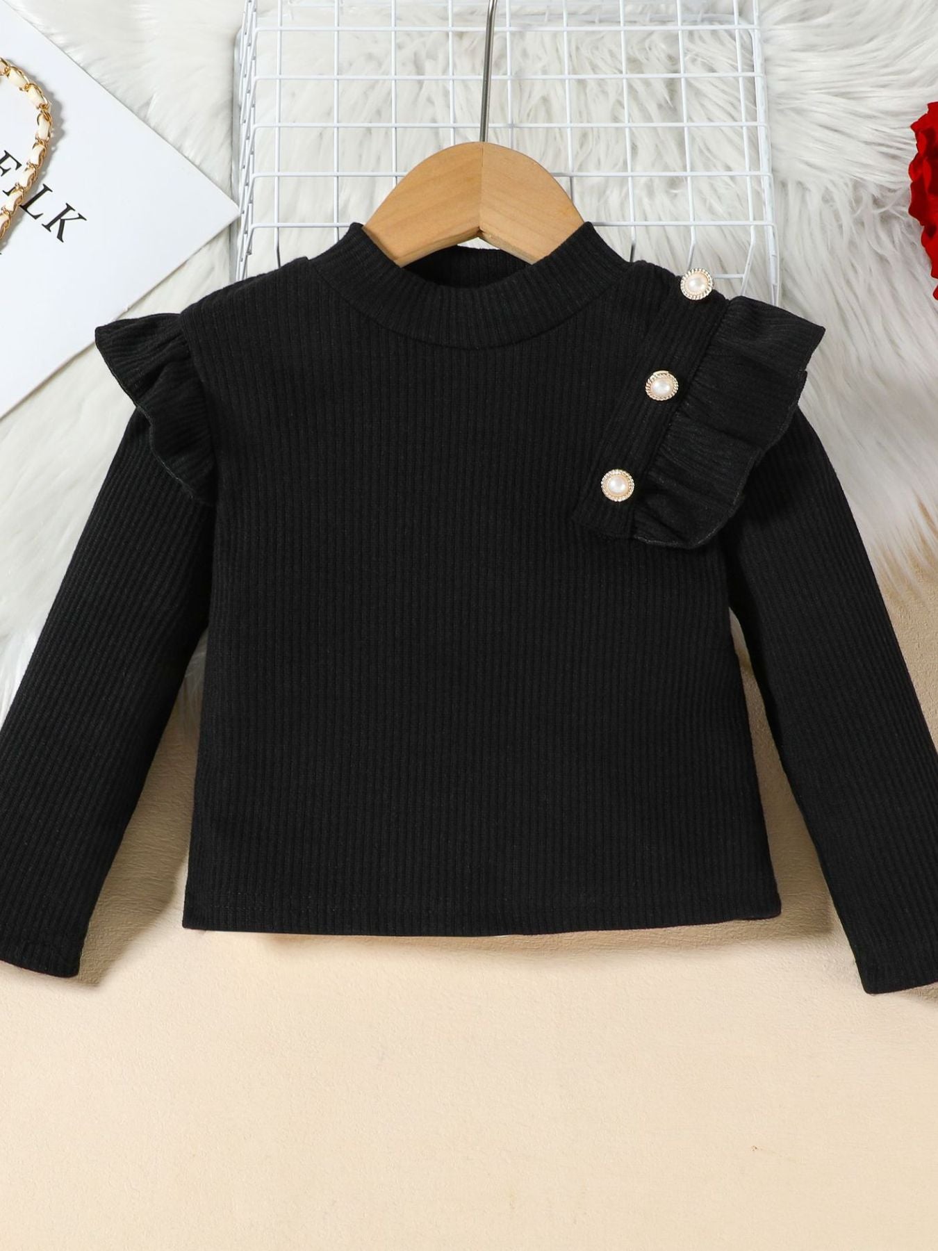 Children's Ruffled Trim Ribbed Top & Faux Leather Skirt Set