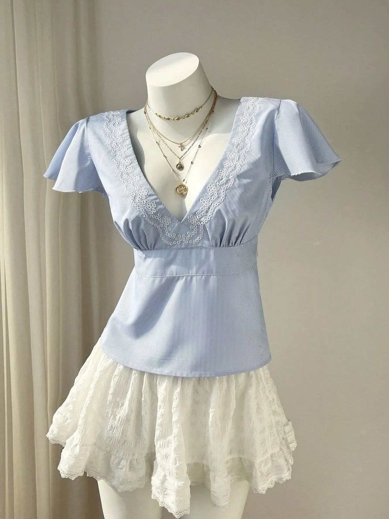 Lace Trim V-Neck Blouse