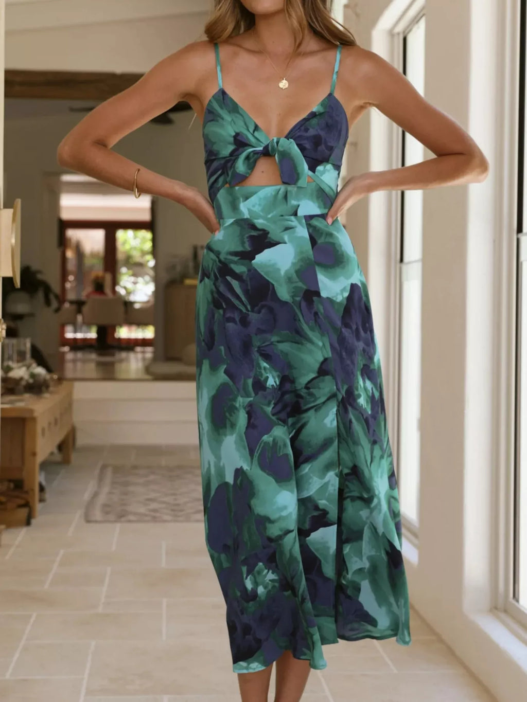 Floral Print Tie-Front Slit Midi Dress