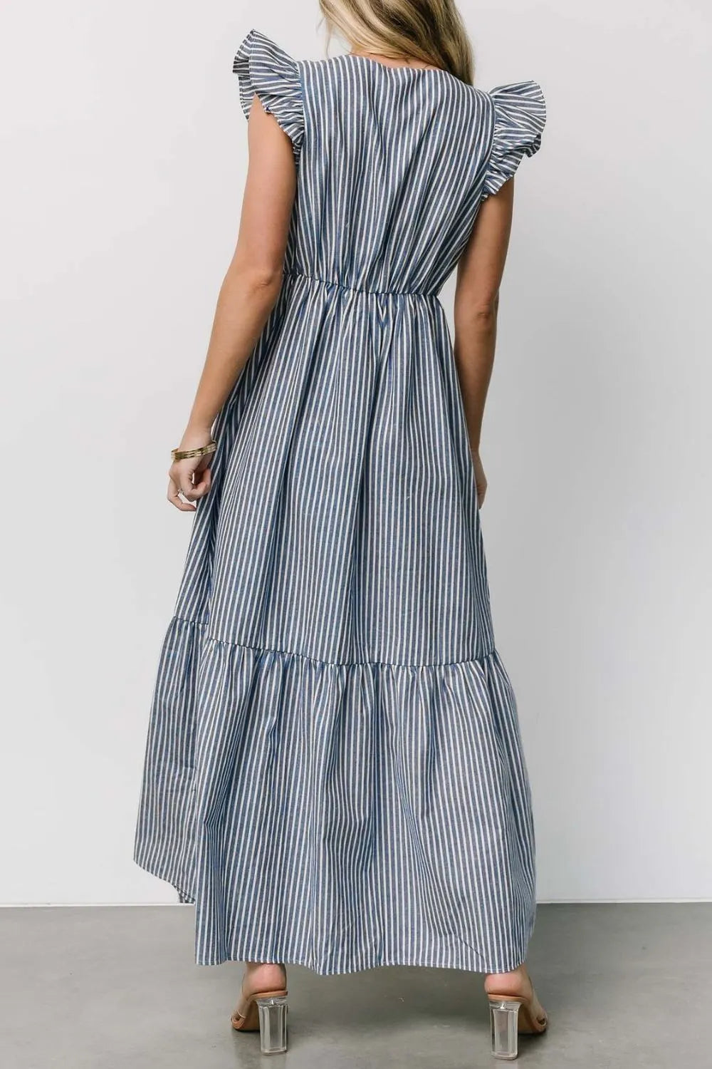 Slit Striped V-Neck Ruffled Cap Sleeve Dress