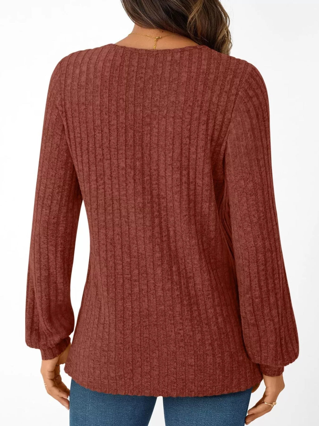 Ribbed Knit V-Neck Long Sleeve T-Shirt