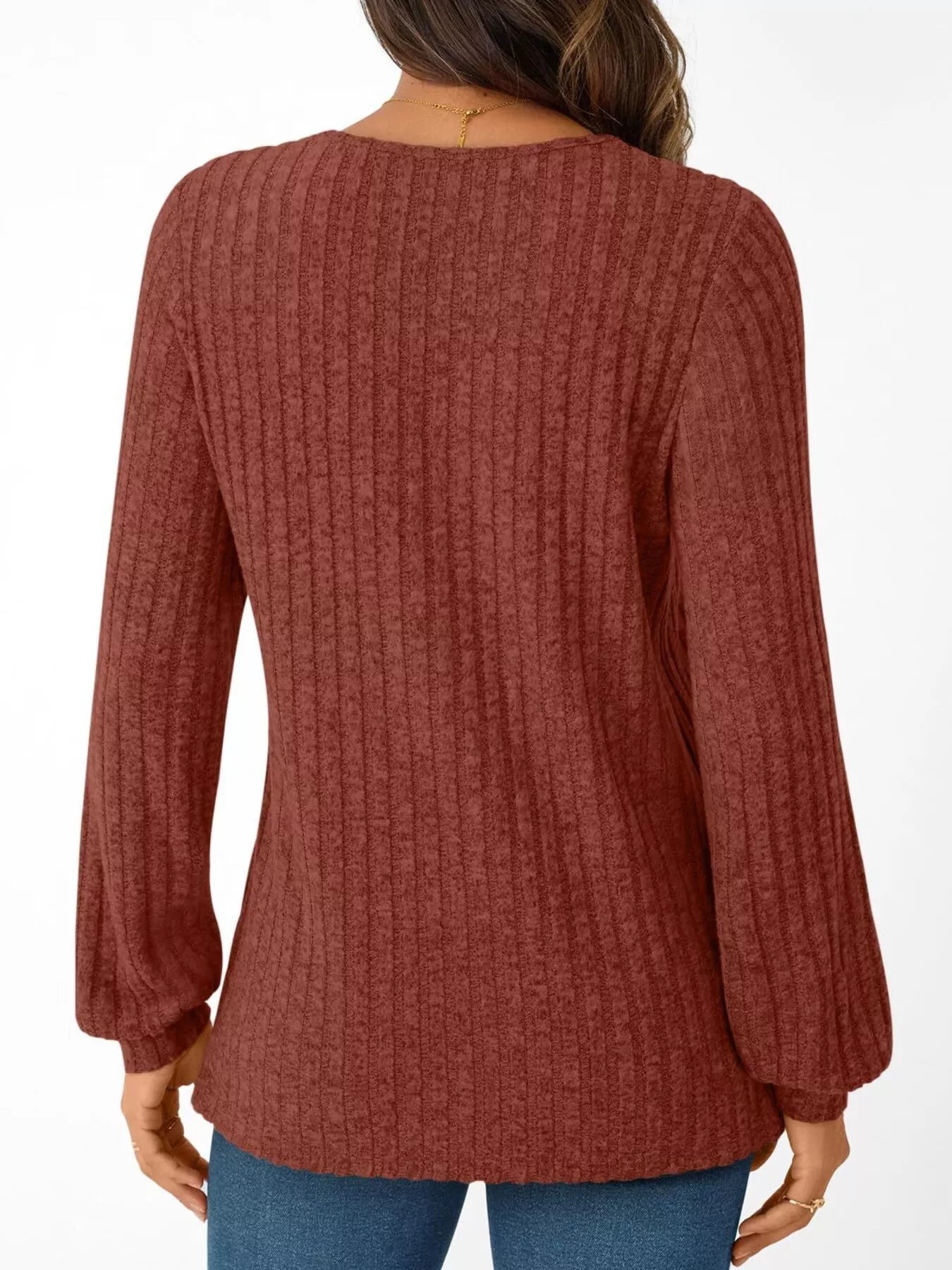 Ribbed Knit V-Neck Long Sleeve T-Shirt