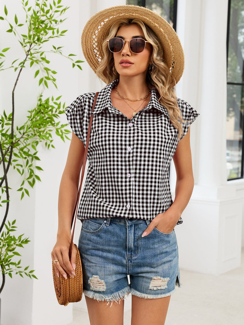 Plaid Button Up Cap Sleeve Shirt
