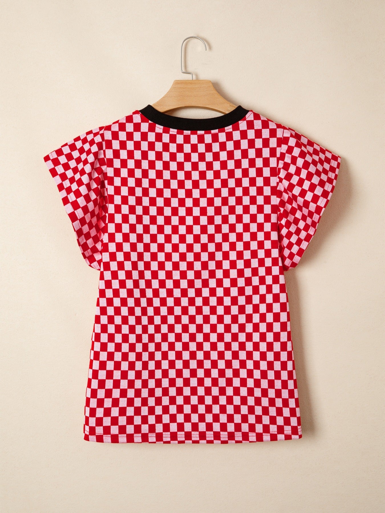 Checkered Print Ruffle Cap Sleeve Contrast Trim Round Neck Top