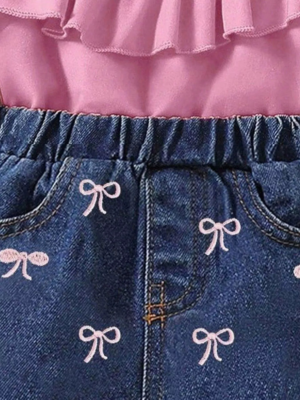 Children's Ruffle Top and Bowknot Denim Shorts Set with Headband