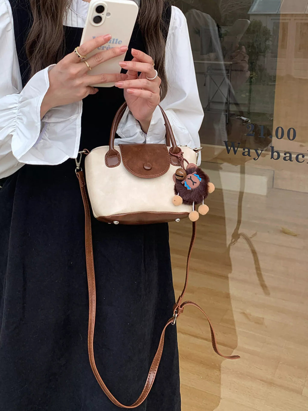 Two-Tone Flap Decor Crossbody Bag with Charm